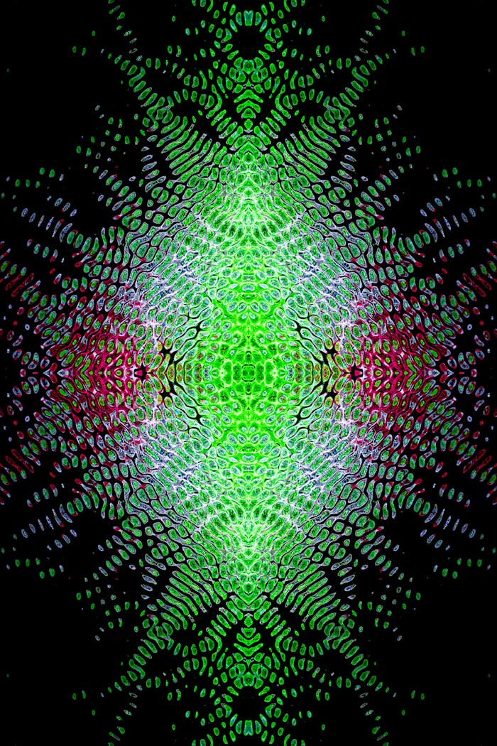 Vivid symmetrical digital art with intricate patterns and bright colors creating a kaleidoscopic effect.